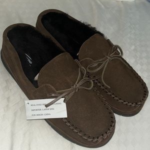 Lands’end sz 11 men’s slippers Real fur shearling brown new warm cozy lands end